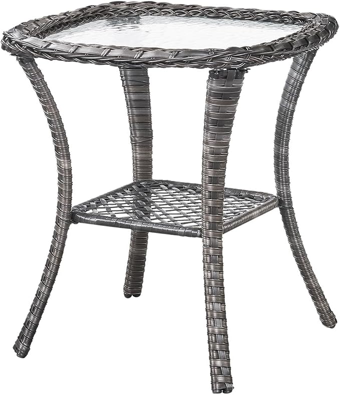 Outdoor Side Table Patio Tables - Wicker Coffee Table with Glass Top and 2-Shelf Storage Rattan End Table Square for Outdoor Patio Porch Deck Balcony Garden(Mixed Grey/Glass Top)