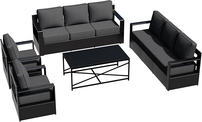 Outdoor Aluminum Furniture Set, 4-Piece Patio Conversation Set, 2 Chairs, 2 Sofa and 1 Table, All-Weather Metal Frame, 6" Thick Removable Cushions, Deep Setting for Garden, Poolside and Porch