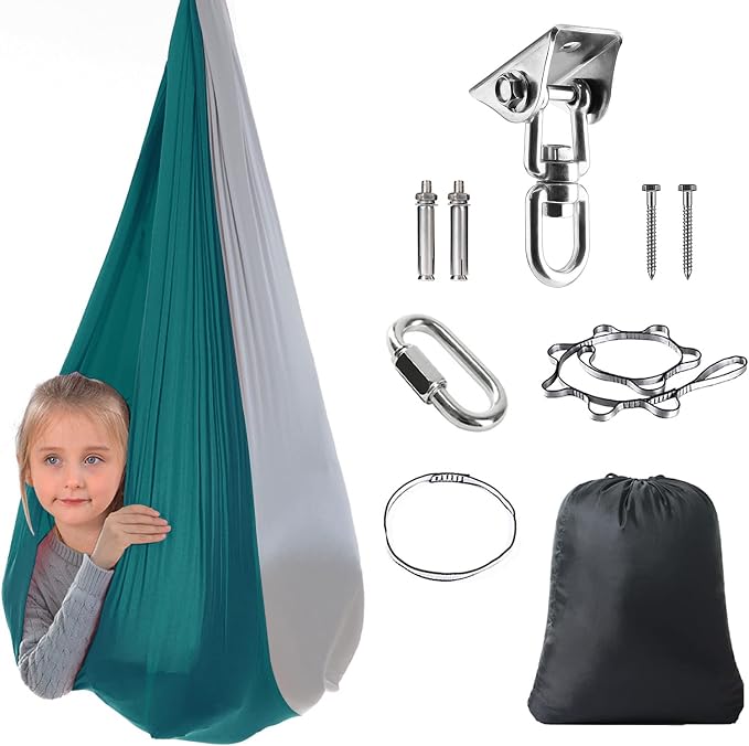 Therapy Swing Hammock Kids Cuddle Sensory Swing Indoor Therapeutic Hammock 360° Rotating Double Layer Elastic Rocking Cloth Swing Gifts for Children with ADHD SPD Asperger Autism (Green+Grey)