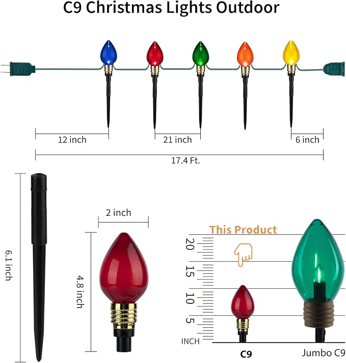 C9 Christmas Pathway Lights Outdoor, 17.4Ft 10 LED C9 Pathway Lights | Connectable C9 Walkway Lights, Waterproof Christmas Lights Outdoor for Walkway Yard Lawn Ground Sidewalk Driveway Decorations