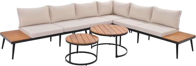 JIVOIT Outdoor Patio Sectional Sofa Set, Modern 6-Piece Conversation Set with Round Nesting Coffee Tables and Seating Sofa with Cushions for Patio, Porch and Garden (Beige * 33)