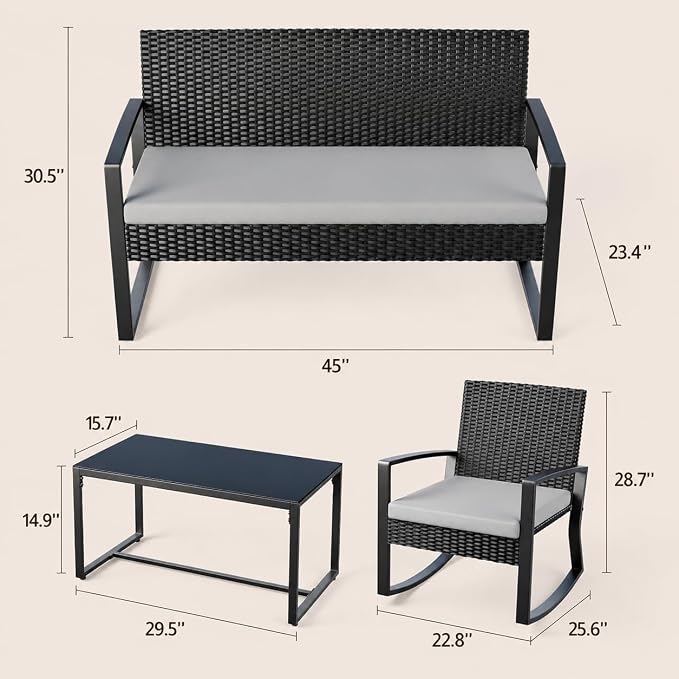 Ahomly 4 Piece Outdoor Patio Furniture Set, Wicker Patio Furniture with Glass Coffee Table, Rocking Wicker Bistro Set, for Backyard, Poolside, Porch (Grey)