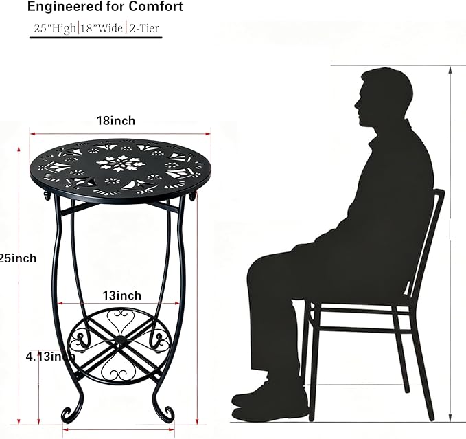 Fashion&cool 25" Outdoor Side Table, 2-Tier Round Metal Patio End Table, Heavy Duty Rust-Proof Coffee Table for Outside, Space Saving Balcony Sofa Small Table for Living Room Garden Deck, Black