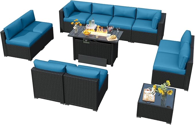 LazySunsets 12 Piece Outdoor Patio Furniture Set with 44'' Fire Pit Table, Outdoor Patio Furniture Sets with 4'' Thicken Cushion, Wicker Outdoor Conversation Set for Backyard & Garden, Peacock Blue