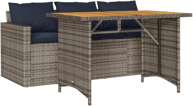 2 Piece Patio Dining Set with Cushions Gray Poly Rattan Outdoor Bistro Table and 3-Seater Sofa Set for Garden Backyard Deck, UV-Proof Acacia Wood Top, Removable Washable Cushion Covers