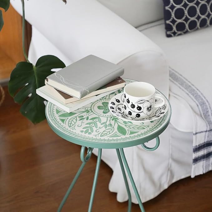 Vintage Outdoor Side Table Round Mosaic Ceramic Tile Top 14" Diameter Metal Plant Stand for Flower Pots Vase Garden Home Porch Pool Indoor Decor Weather Resistant Outside Patio Accent End Furniture
