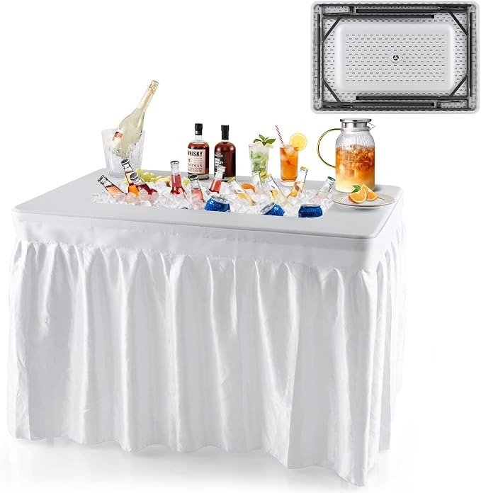 S AFSTAR 4 Foot Folding Ice Table, Buffet Salad Serving Table with Removable Skirt, Drain System & 8" Spacious Edge, Portable Beverage Cooler for Party Camping Picnic Wedding