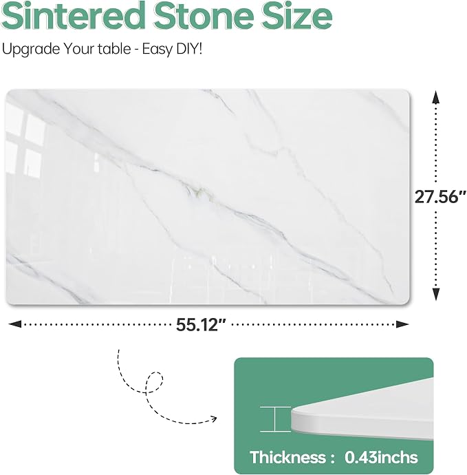 Rectangle Table Top,55.1” x 27.6” White Sintered Stone Tabletop, DIY Replacement & Cover Marble Desktop, Scratch & Wear Resistant, Easy to Clean, Suitable for Indoor & Outdoor