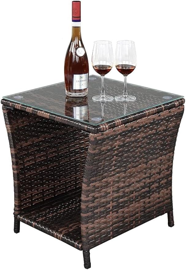 Generic Outdoor Patio Wicker Side Table, End Table with Glass Top Rattan Storage for Patio Courtyard Balcony - Brown, 18.1 x 18.1 x 19.5 inches