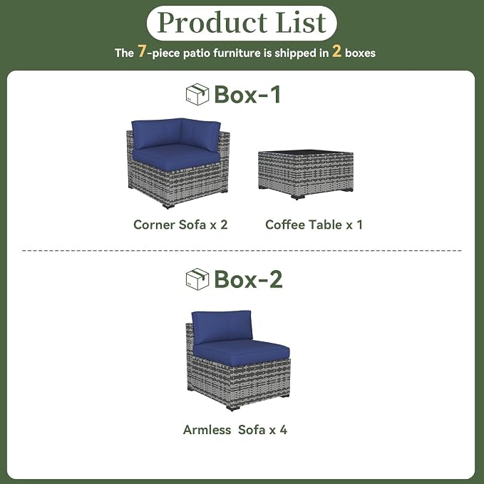 Aoxun 7 Piece Patio Furniture Set Wicker Rattan Patio Conversation Set Outdoor Sectional Sofa Set with Coffee Table and Thickened Cushions, Gray/Blue