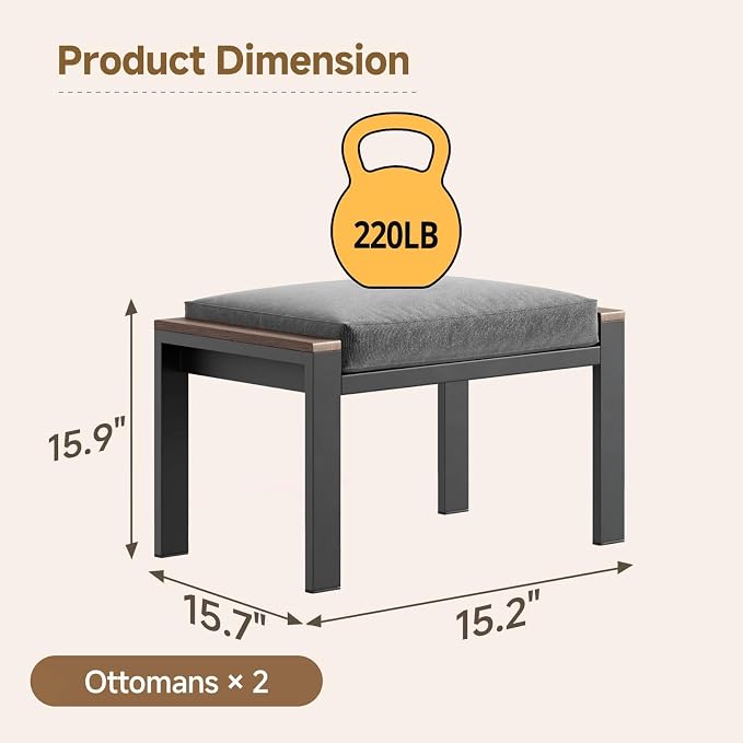 Outdoor Aluminum Patio Furniture Step Stool, 2Pcs Rust-resistant Patio Conversation Foot Stool with Comfort Washable Cushions and Metal Legs, Ottoman Foot Rest for Backyard Porch Deck Dalcony