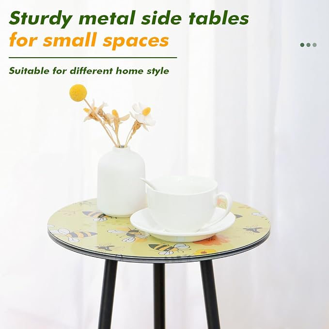 Metal Outdoor Side Tables Set of Two Small Outside Round End Table for Patio Modern Accent Garden Corner Table for Small Spaces, Balcony, Porch, Weather-Resistant Plant Stand Indoor, Yellow