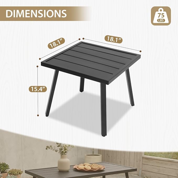 Patio Side Table, Square Outdoor End Table with Wood Grain Tabletop for Patio, Balcony and Garden, Black