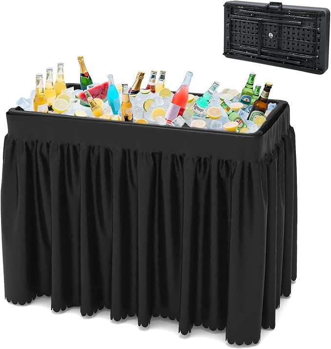 Party Outdoor Cooler Table, Black Skirt &Drain Hose Plastic Chill Table to Keep Drinks Cool, Portable Foldable Self-Serving Beverage Ice Cooler Bar for Wedding, Picnics, Barbecues, Fishing