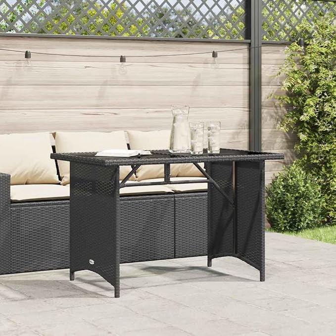 Black Poly Rattan Garden Table with Tempered Glass Outdoor Table and Powder-Coated Steel Garden Frame for Patio Dining