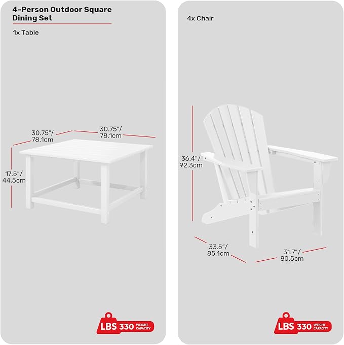 Costaelm Patio Conversation Set, Patio Chairs Set of 5 Balcony Firepit Furniture Outdoor Adirondack Square Table and Chair Backyard Furniture Set for Lawn Porch Pool Garden, White