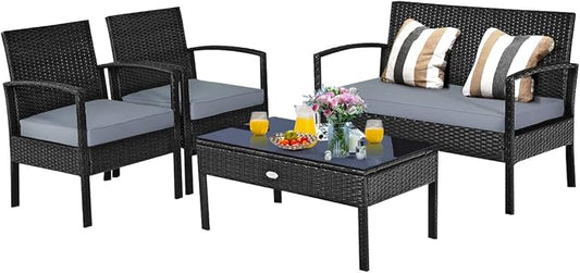 Tangkula 4-PCS Wicker Patio Conversation Furniture Set, Outdoor Rattan Chair and Table Set, Patio Furniture Sets with Coffee Table & Washable Cushions for Courtyard Balcony Garden (1, Black)