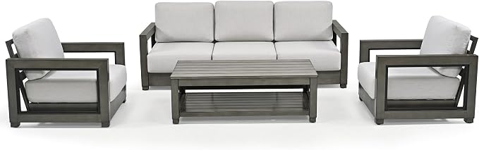 HAPPATIO Oversized Aluminum Patio Furniture Set, Outdoor Conversation Set 4 Pieces with 3-Seat Sofa and Coffee Table, Extra Large Seat with Thicken Cushion for Backyard Poolside, Grey