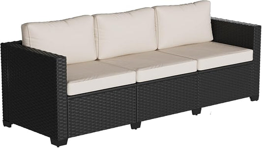 LazySunsets 1 Piece 3-Seats Outdoor Patio Sofa Outdoor Patio Furniture Set, Rattan Outdoor Sectional with Thick Waterproof Cushions, Waterproof Cover, Patio Conversation Set for Backyard, Beige