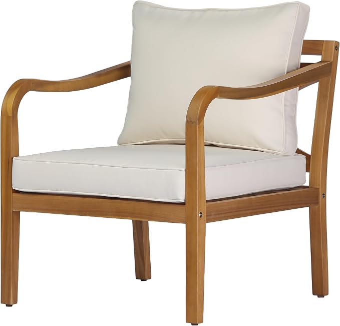 Merax Outdoor Acacia Wood Armchair with Elegant Cross Back Design, Deep Seating Patio Lounge Chair with Removable Soft Cushion for Porch, Garden, Backyard, Balcony, Teak & Beige