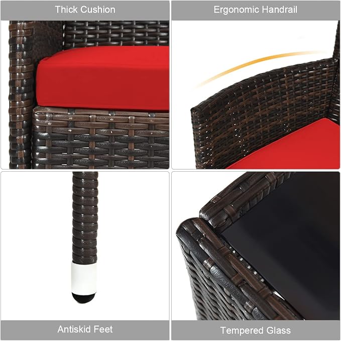 4 Pieces Patio Sofa Set, Wicker Conversation Set with Ergonomic Curved Backrest, Patio Rattan Furniture Set with Water-Resistant Cushion & Tempered Glass Table for Balcony, Porch (Red)