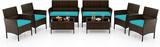 RELAX4LIFE 8-Piece Patio Furniture Set - Rattan Outdoor Conversation Bistro Set w/Cushions, Glass Coffee Table, Wicker Chairs & Loveseat for Garden Backyard Porch, Balcony Furniture Set (2, Turquoise)