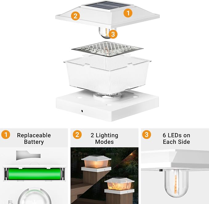 btfarm 4x4 Solar Flame Post Cap Lights Outdoor, 4 Pack Flickering Flame Deck Fence Post Lights, Waterproof Solar Powered Lighting Outside Fit 4x4 3.5x3.5 Wooden/Vinyl for Porch Patio Garden