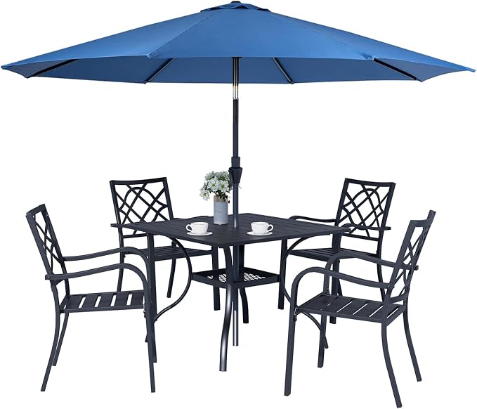 Crownland 5 Piece Outdoor Dining Set, Patio Metal Dining Sets, 4 Stackable Metal Chairs and Square Outdoor Dining Table with Dark Blue 9FT Round Outdoor Umbrella, for Backyard, Garden (Classic Black)