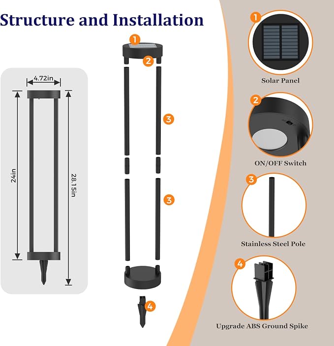 Modern Solar Floor Lamp, Outdoor Bollard Light for Garden Pathways (24" H - 2Pack)
