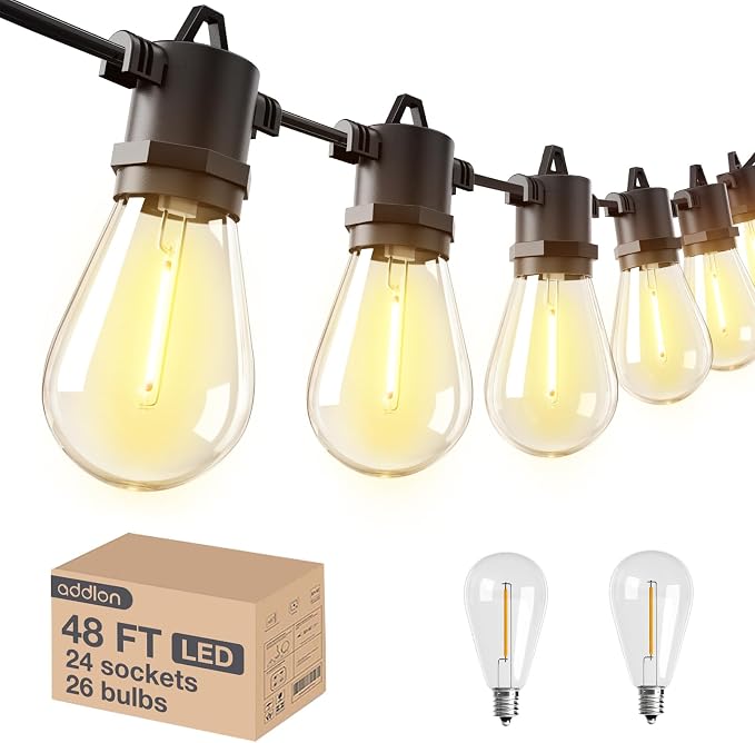 addlon 48FT Outdoor String Lights with 24 Dimmable Edison Bulbs for Patio | UL Listed, Remote Control. Waterproof Shatterproof Bulbs, Timer, Linkable, 2700K Warm White. Backyard, Pergola, Deck, Garden.