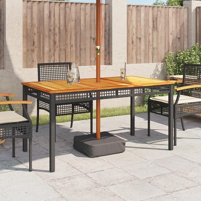Outdoor Garden Dining Table with Acacia Wood Top and Poly Rattan Base, 55.1x31.5x29.5 Inch Patio Table Black for Backyard
