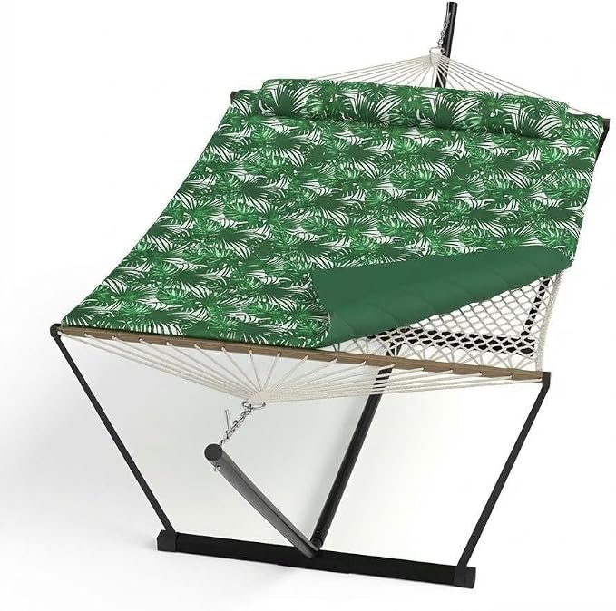 Double Hammock with Stand for 2 Person – Heavy Duty Cotton Rope, 450 lbs Capacity, Adjustable Steel Frame, Portable with Pillow & Pad, Ideal for Patio, Garden, Backyard, Indoor & Outdoor