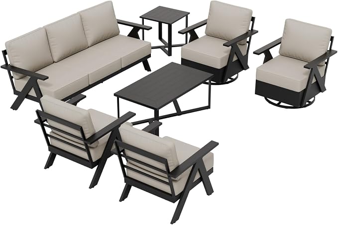 COOS BAY Iron Luxe 7 Piece Outdoor Patio Furniture Set, Modern Patio Conversation Set with Patio Chairs, Swivel Chairs, a 3 Seat Couch, Coffee Table & Side Table for Deck, Garden, Porch, Black/Beige