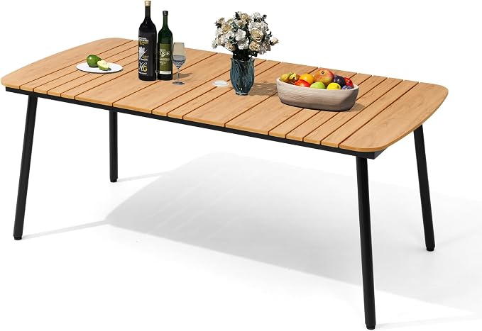 70" Outdoor Dining Table for 6, Brown Patio Table | 1.6" Umbrella Hole Rectangle Table with Aluminum Frame and Waterproof Wood Grain Tabletop for Lawn Backyard Garden Poolside