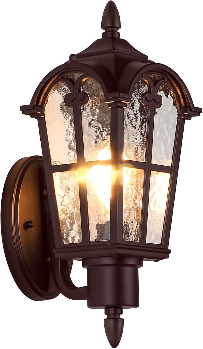 16’’ Large Outdoor Wall Light Fixture, Exterior Wall Lantern Sconce | Waterproof, Rust-resistant, Matte Brown, Water Ripple Glass, Quick & Easy Installation, Retro & Traditional
