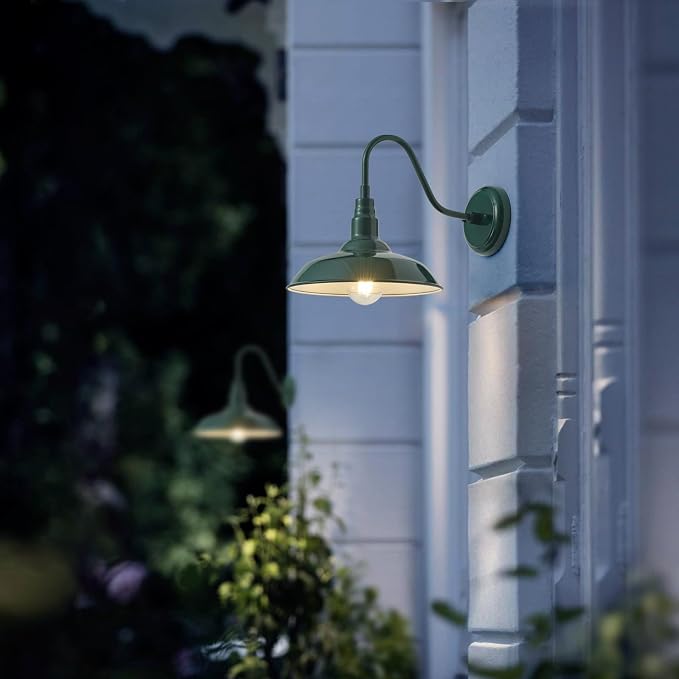 10‘’ Dome Outdoor Gooseneck Barn Light Fixture with Wall Mount, Green Exterior Porch Barn Door Lighting, Farmhouse Style Outside Shed Gooseneck Wall Sconce for Patio, Yard, Garage, House