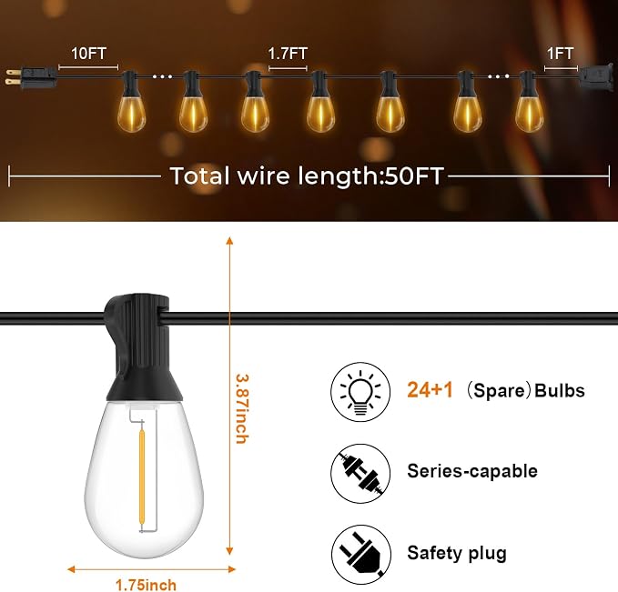 GvvooHome 50FT LED Outdoor String Lights with 25 Shatterproof Edison Bulbs (1 Spare), Dimmable Hanging Outdoor Lights for Backyard, Porch, 2700K Warm White