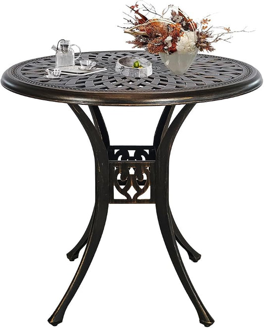 30.31" Cast Aluminum Outdoor Dining Table, Patio Bistro Table with 2.36" Umbrella Hole, Metal Conversation Furniture for Garden Porch