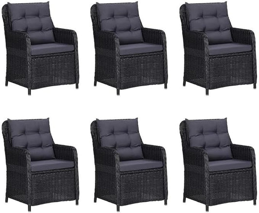 Afuera Living 7-Piece Patio Dining Set, Black Powder-Coated Steel Frame, Acacia Wood Tabletop, Poly Rattan Chairs with Removable Weather-Resistant Cushions, Comfortable Outdoor Garden Terrace