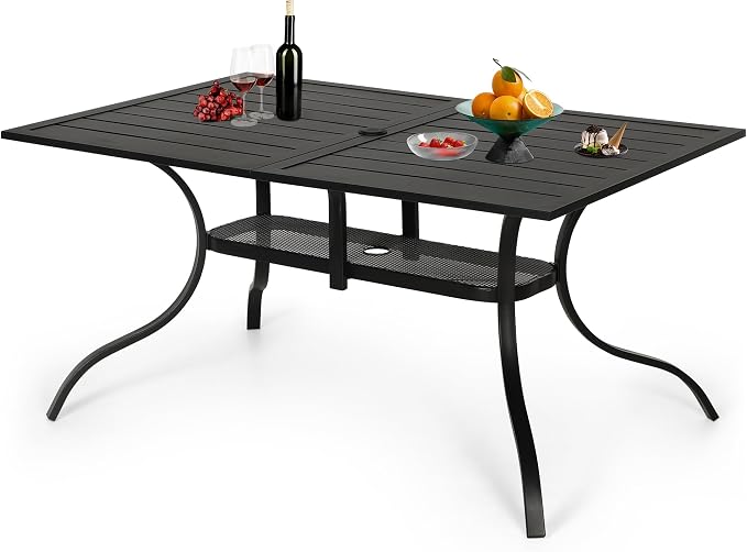 Oakcloud 60"x36" Patio Dining Table, Outdoor Metal Rectangular Table Patio Furniture Classic Black Table with 1.57" Umbrella Hole, for Garden Backyard Poolside Deck