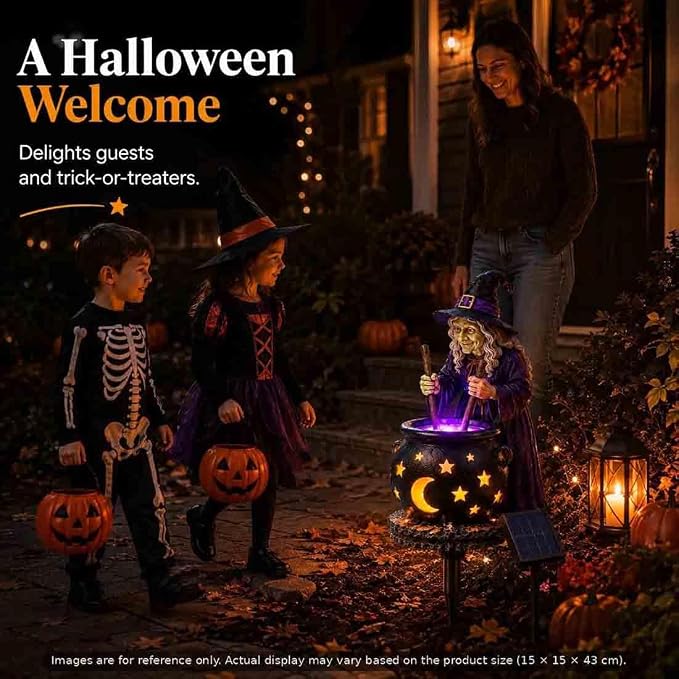 Solar Witch & Glowing Cauldron Halloween Garden Light ，3pc | Solar-powered Halloween Solar Light with glowing cauldron, automatic dusk lighting for garden, porch and pathway décor.