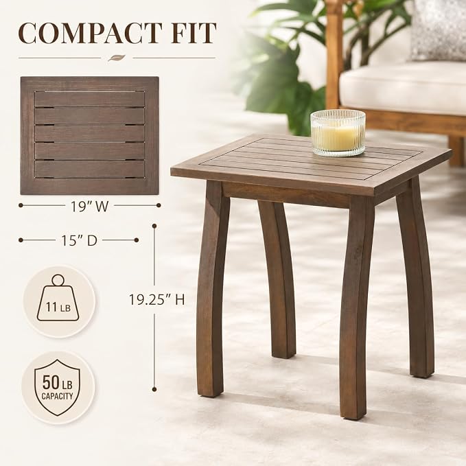 Selma Acacia Wood Outdoor Side Table, Weather Resistant Slatted Design Patio Coffee End Table, Decorative Decorated Accent Table for Balcony Beach Poolside, Natural Stained (Grey + Acacia Wood)