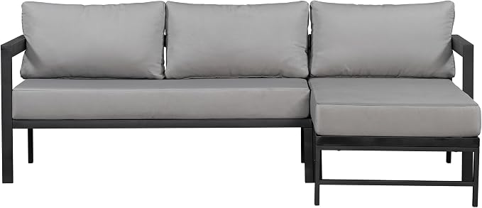JIVOIT Outdoor L-Shaped Sofa with Iron Frame, Metal Patio Sofa Set with Ultra-Thick Cushions, Comfortable Seating for 3, Ideal for Patio, Balcony and Garden (Gray/35)