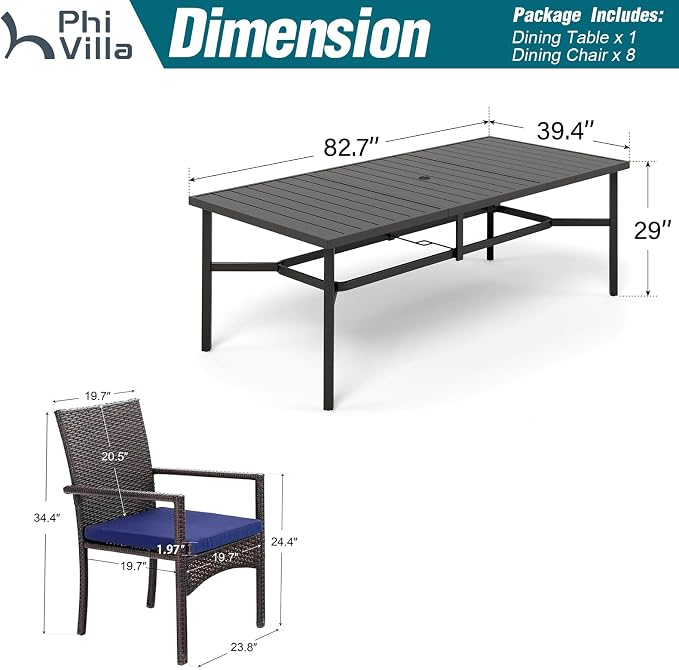 PHI VILLA 9 Piece Patio Dining Set, 83" Rectangular Table, Rattan Chairs | Outdoor Dining Set for 8, Metal Dining Table with Umbrella Hole, Large Outdoor Dining Table Set for Patio, Deck, Porch