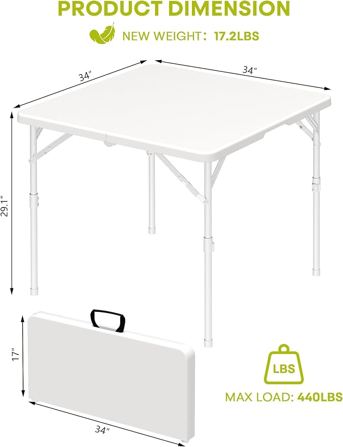 34" Folding Card Table, 3 Foot Portable Plastic Tables with Collapsible Legs & Carrying Handle, Fold in Half Square Table, Bi-Folding Commercial Tables for Indoor Outdoor Party Dining Camping