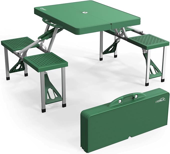 VINGLI 4 Ft Portable Folding Picnic Table Camping Table Foldable Set with 4 Seats with Umbrella Hole Suitcase Card Table-220 Lbs Support Aluminum Frame, Plastic RV Tabletop for Yard, Travel