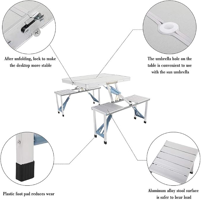 Folding Picnic Table with 4 Seats and Umbrella Hole, Portable Camping Picnic Table Set, Folding Lightweight Suitcase Card Table for Barbecue, Travel, Outing, Gathering