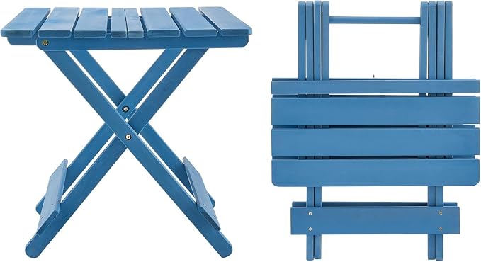 Foldable Solid Wood Side Table, Space Saving Outdoor Square Folding Patio Snack End Table, Fully Assembled Quick Fold Side Tables for Camping, Picnic, Backyard (Blue)