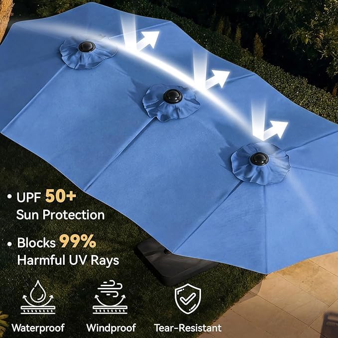 Aoxun 8-Piece Patio Table and Chairs Set & 15ft Patio Umbrella for 6, All Weather Outdoor Dining Set with 6 Textilene Chairs and 1 Rectangular Metal Table for Backyard, Garden, Grey/Blue
