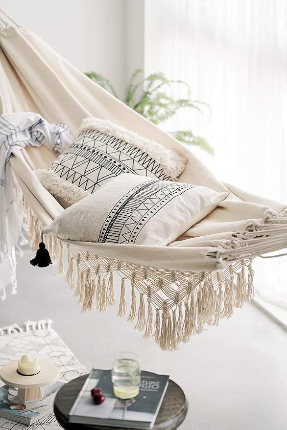 RISEON Handmade Boho Large Brazilian Macrame Fringe 2 Person Double Deluxe Hammock Swing Net Chair for Beach, Yard, Bedroom, Patio, Porch, Indoor, Outdoor, Wedding Decor 95" Lx 59" W